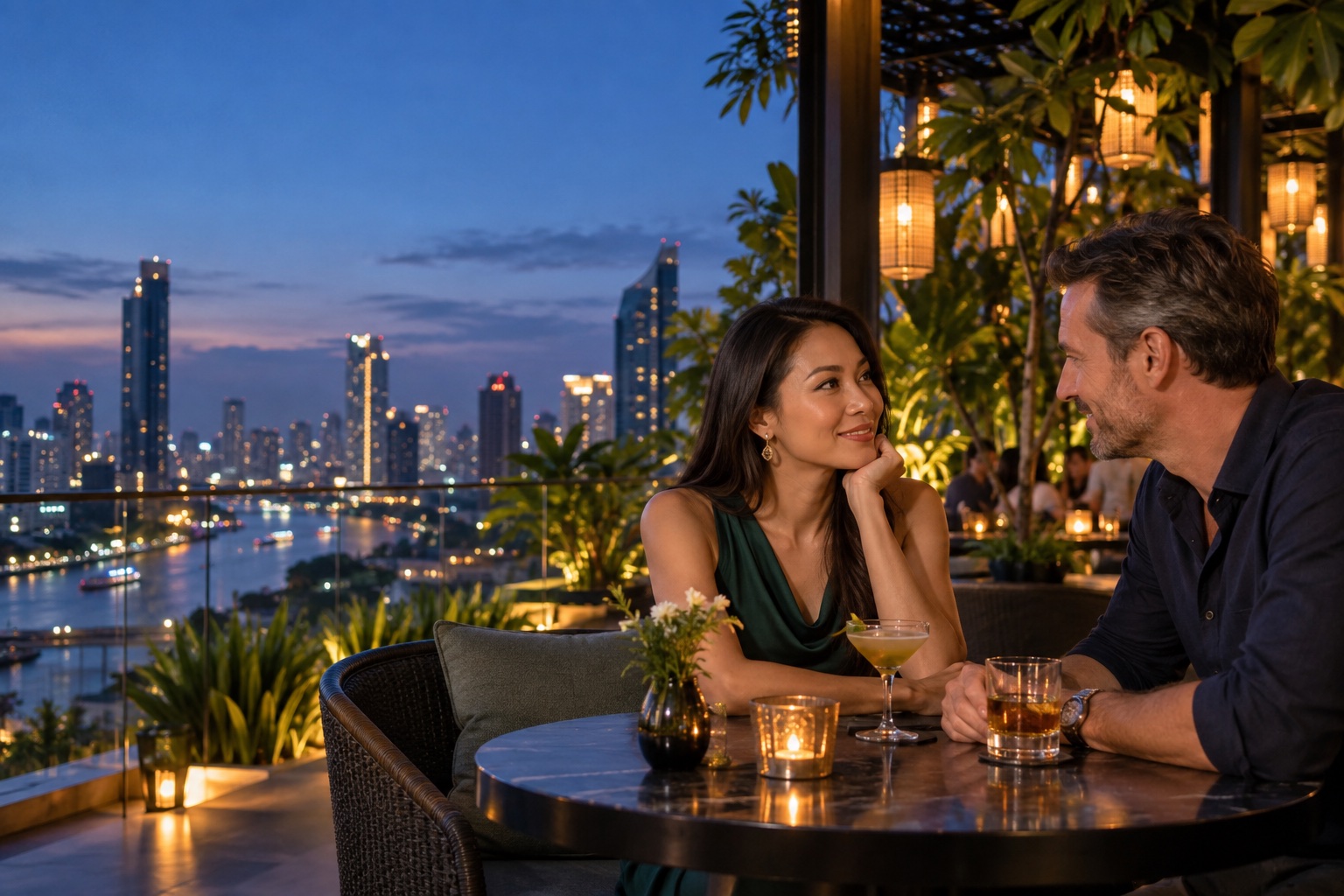 An adult couple enjoying a relaxed conversation at a Bangkok rooftop cafe